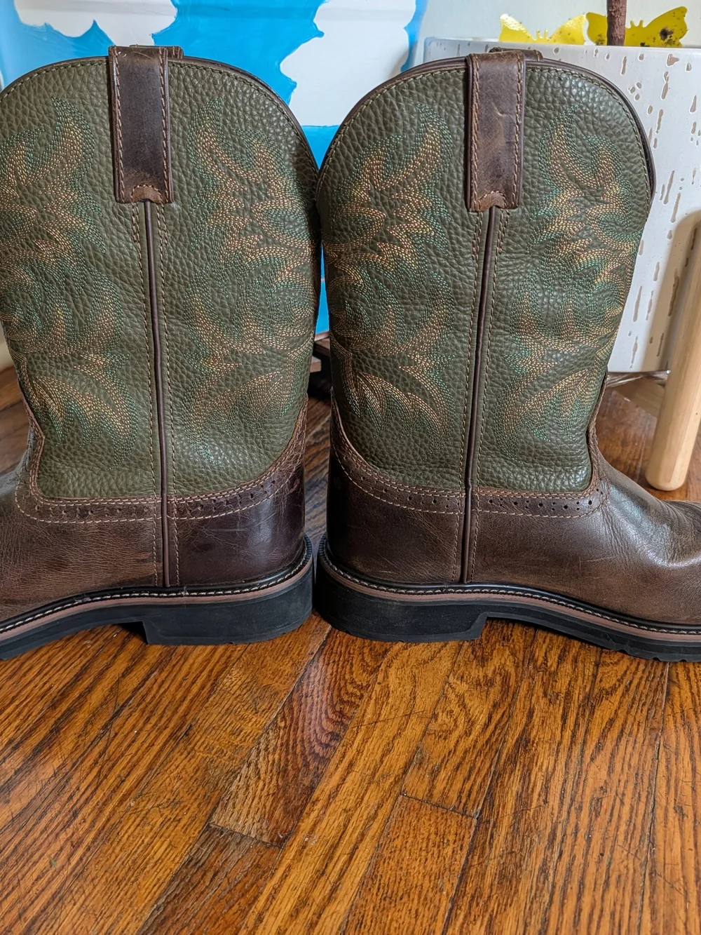 Justin Boots Brown Leather Square-Toe Western Boots with Green Shaft